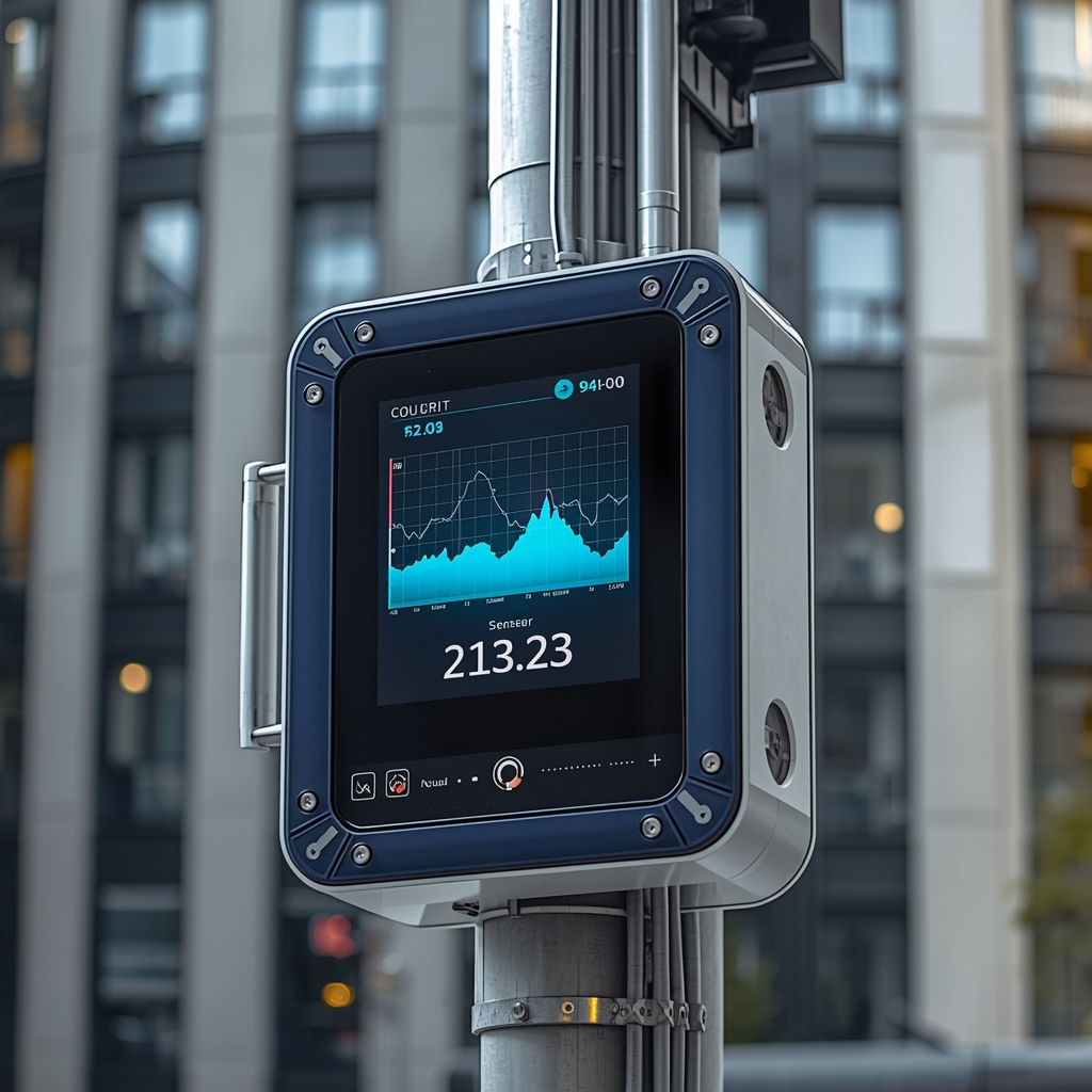Advanced IoT sensor hub mounted on a smart city street pole displaying real-time environmental data on integrated LED panels, fiber optic cables, futuristic industrial design, blue silver color scheme, no people